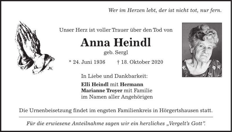 Traueranzeige Anna Heindl