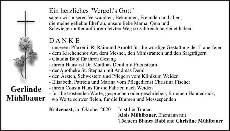 Traueranzeige Gerlinde Mühlbauer