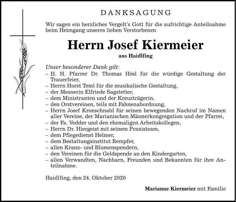 Traueranzeige Josef Kiermeier