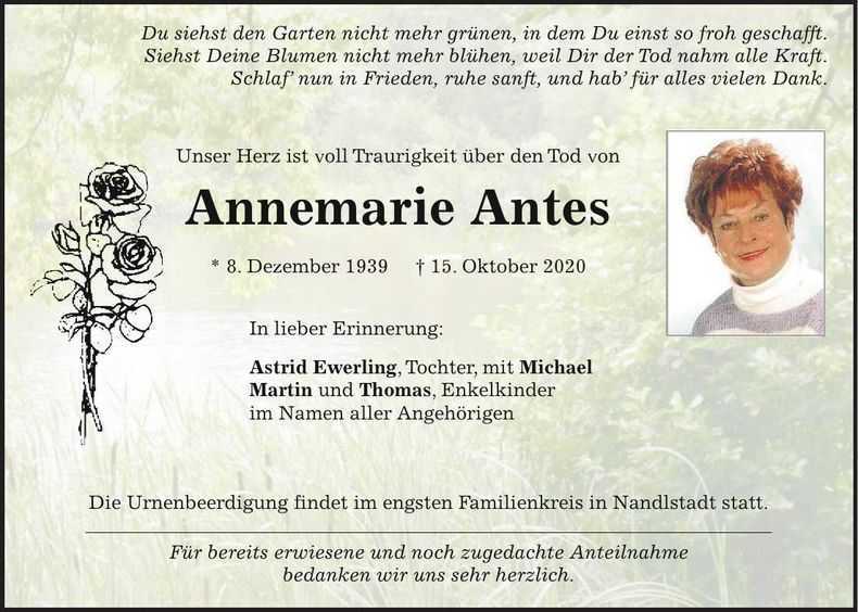 Traueranzeige Annemarie Antes