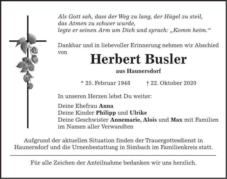 Traueranzeige Herbert Busler