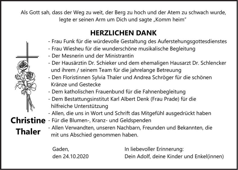 Traueranzeige Christine Thaler