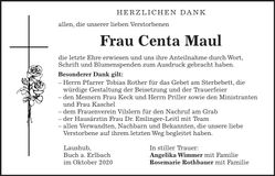 Traueranzeige Centa Maul