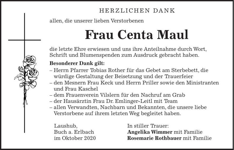 Traueranzeige Centa Maul