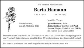 Traueranzeige Berta Hamann