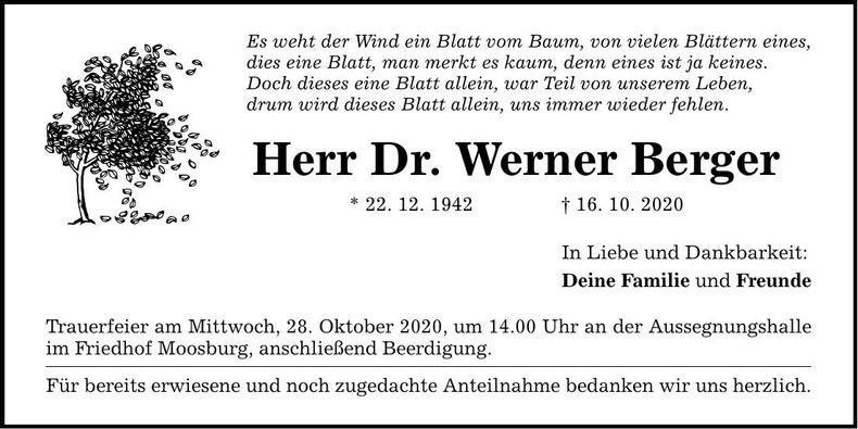 Traueranzeige Werner Dr. Berger
