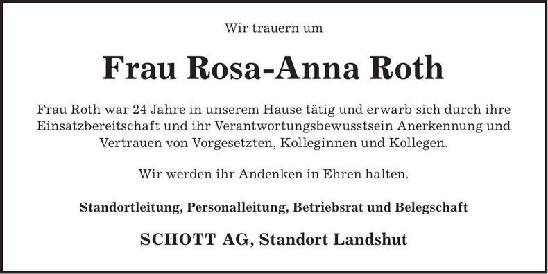 Traueranzeige Rosa-Anna Roth