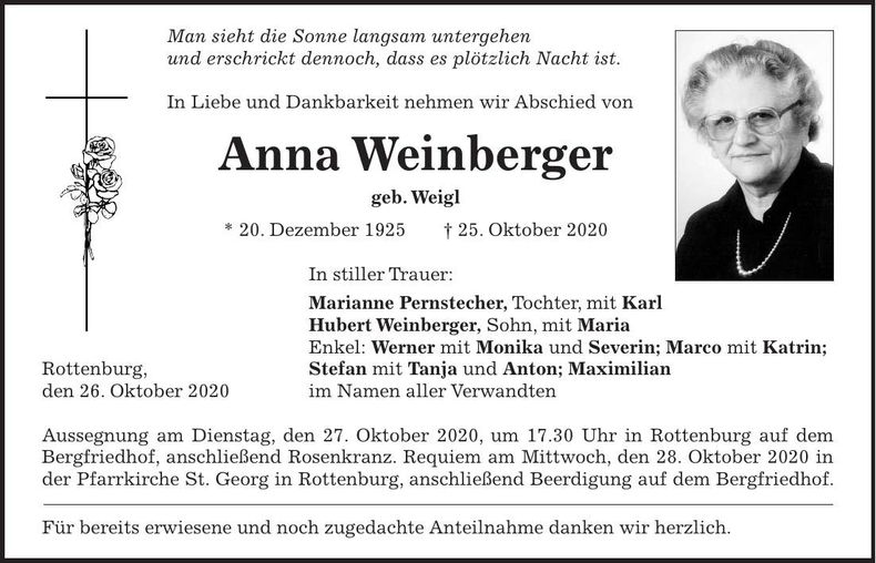 Traueranzeige Anna Weinberger