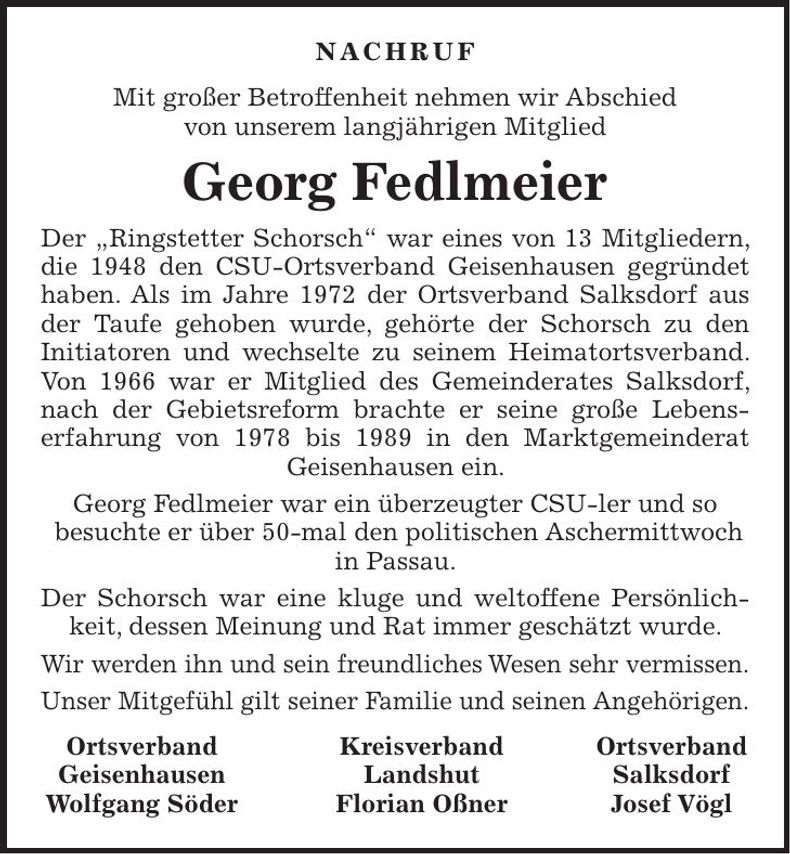 Traueranzeige Georg Fedlmeier
