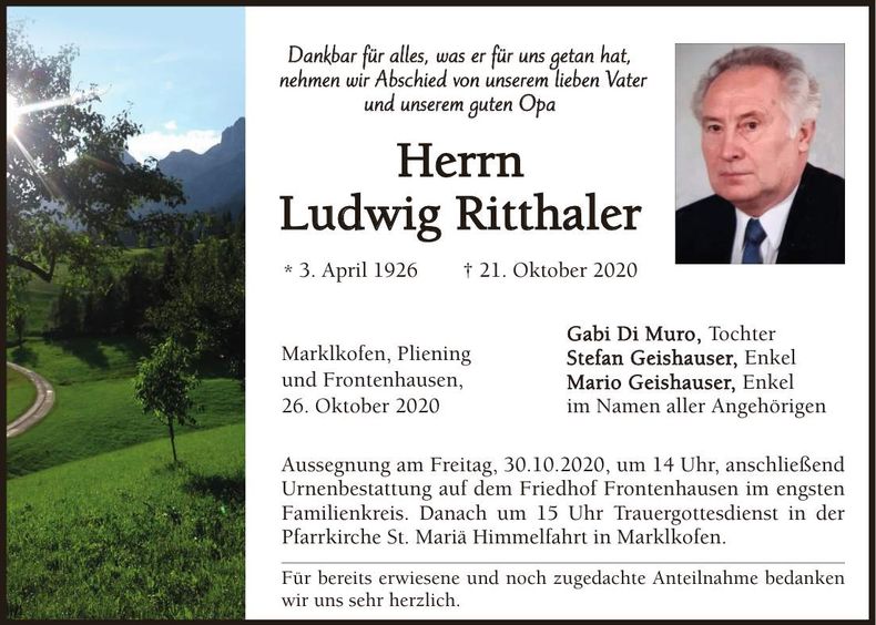 Traueranzeige Ludwig Ritthaler