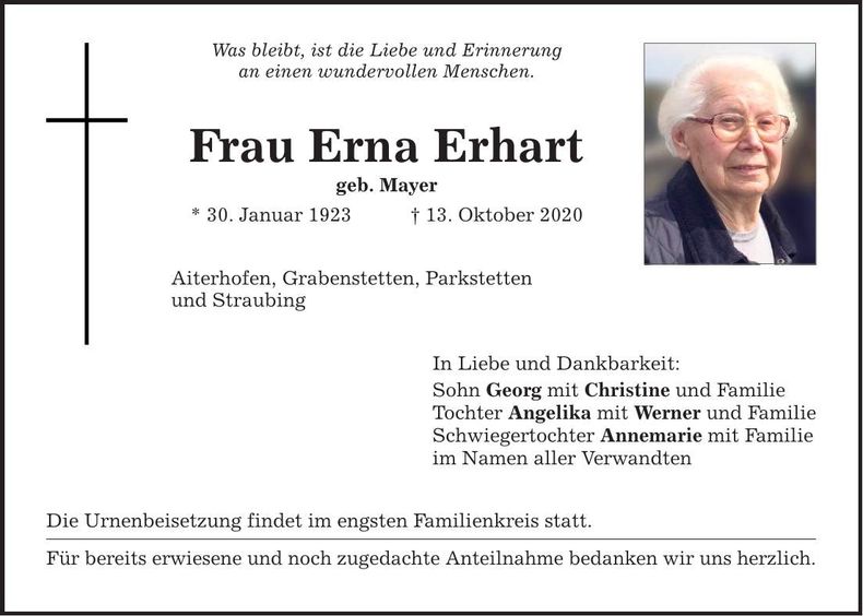 Traueranzeige Erna Erhart