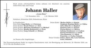 Traueranzeige Johann Haller