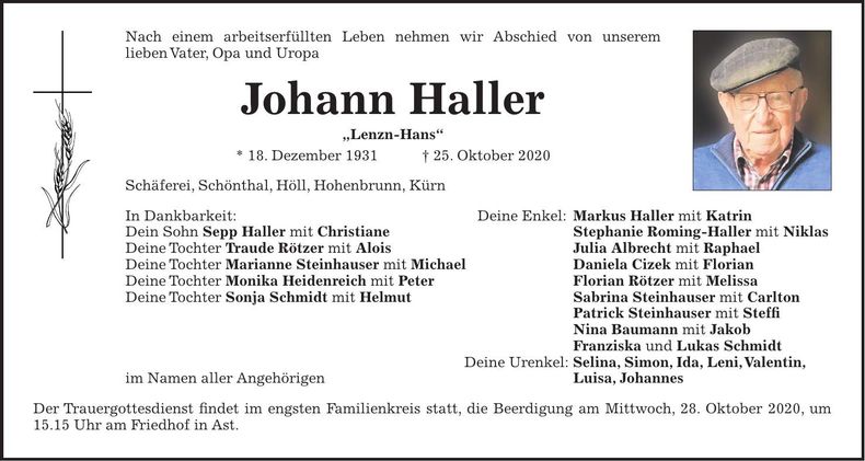 Traueranzeige Johann Haller