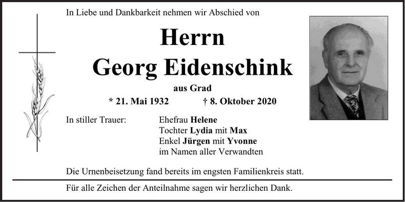 Traueranzeige Georg Eidenschink