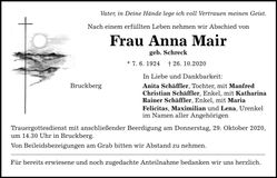 Traueranzeige Anna Mair
