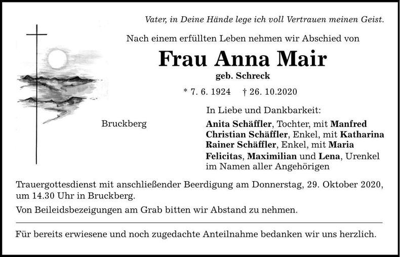 Traueranzeige Anna Mair