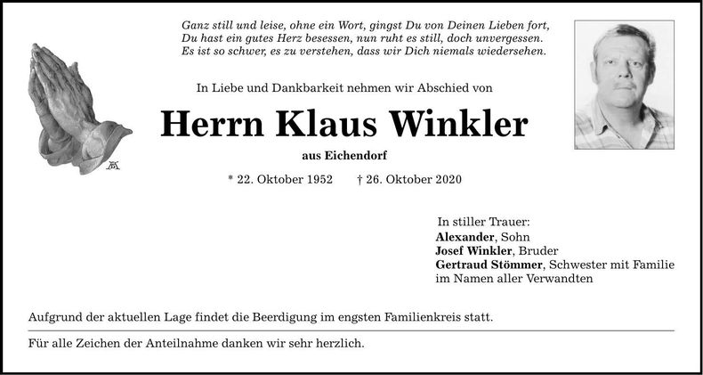 Traueranzeige Klaus Winkler
