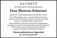 Traueranzeige Theresia Schreiner
