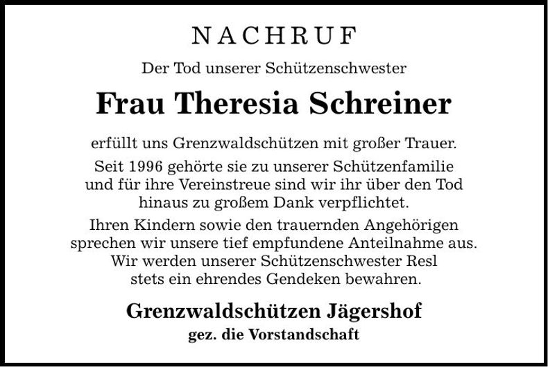 Traueranzeige Theresia Schreiner