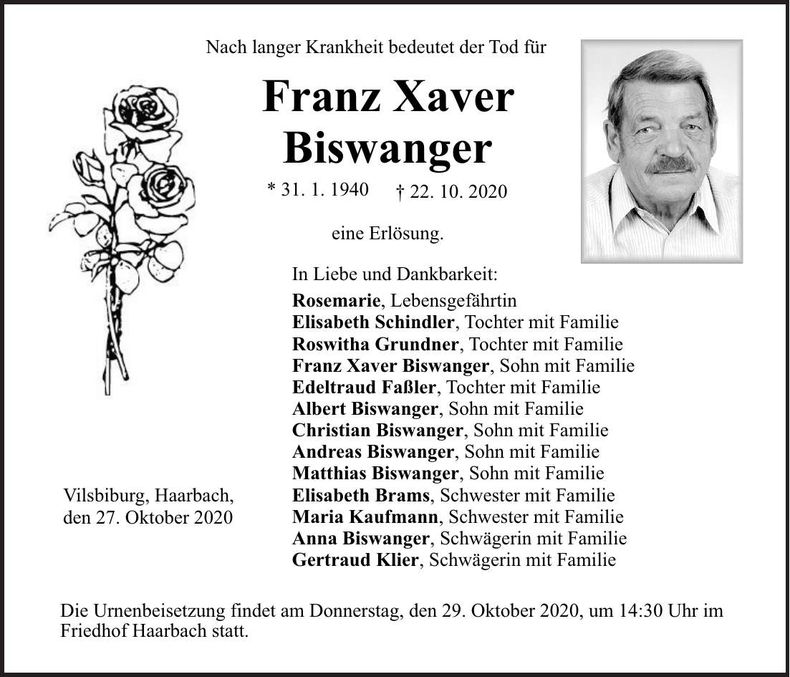 Traueranzeige Franz Xaver Biswanger