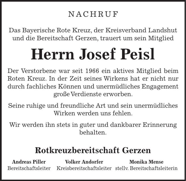 Traueranzeige Josef Peisl