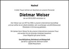 Traueranzeige Dietmar Weiser