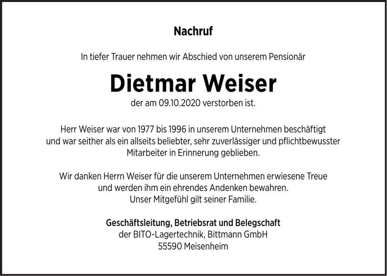 Traueranzeige Dietmar Weiser
