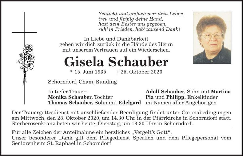 Traueranzeige Gisela Schauber