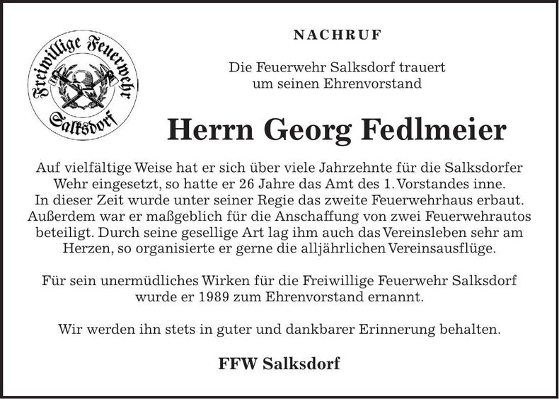 Traueranzeige Georg Fedlmeier