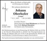 Traueranzeige Johann Oberhofer