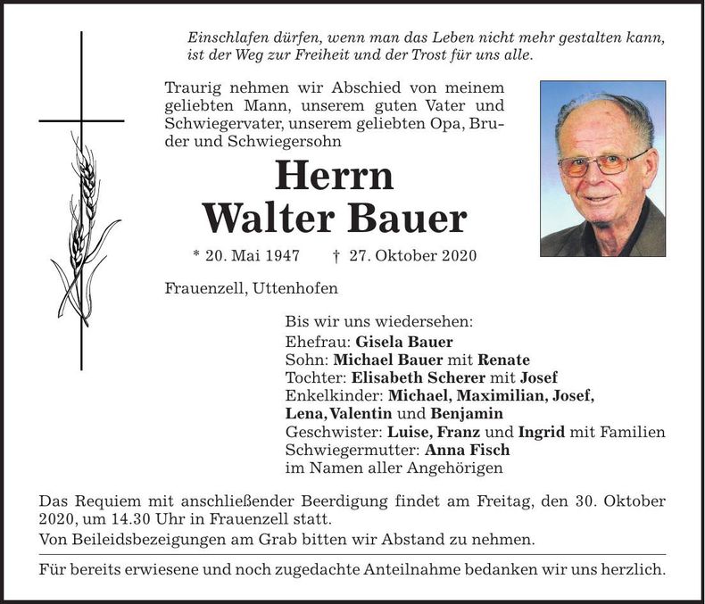 Traueranzeige Walter Bauer