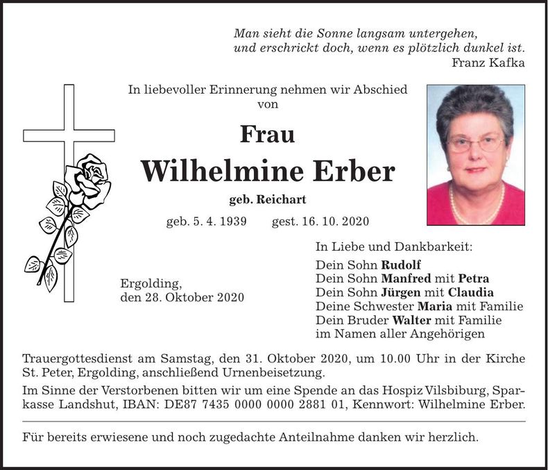 Traueranzeige Wilhelmine Erber