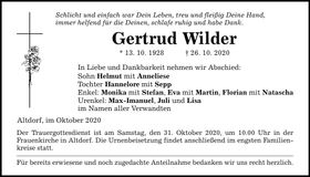 Traueranzeige Gertrud Wilder