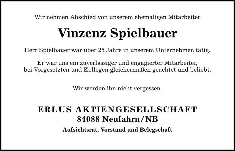Traueranzeige Vinzenz Spielbauer