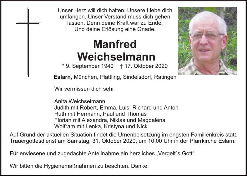 Traueranzeige Manfred Weichselmann