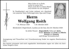 Traueranzeige Wolfgang Roith