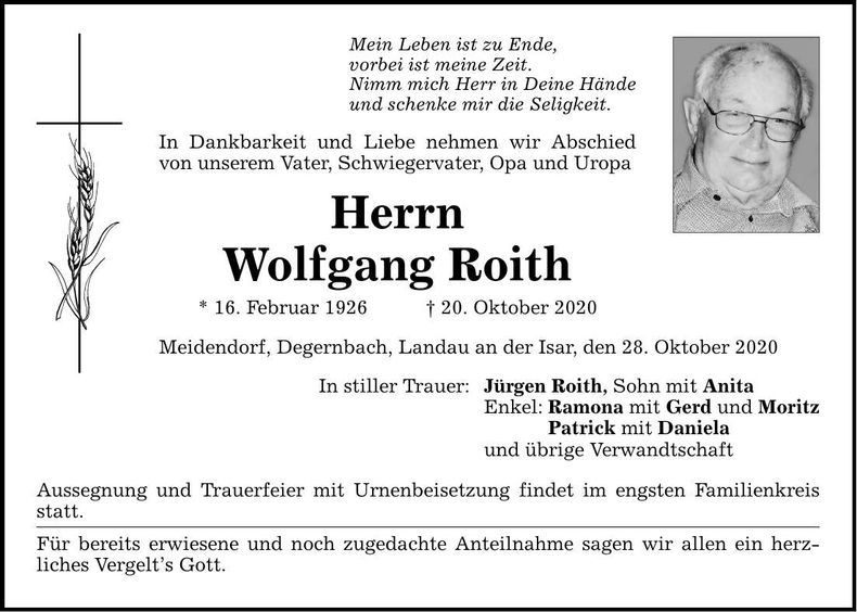 Traueranzeige Wolfgang Roith