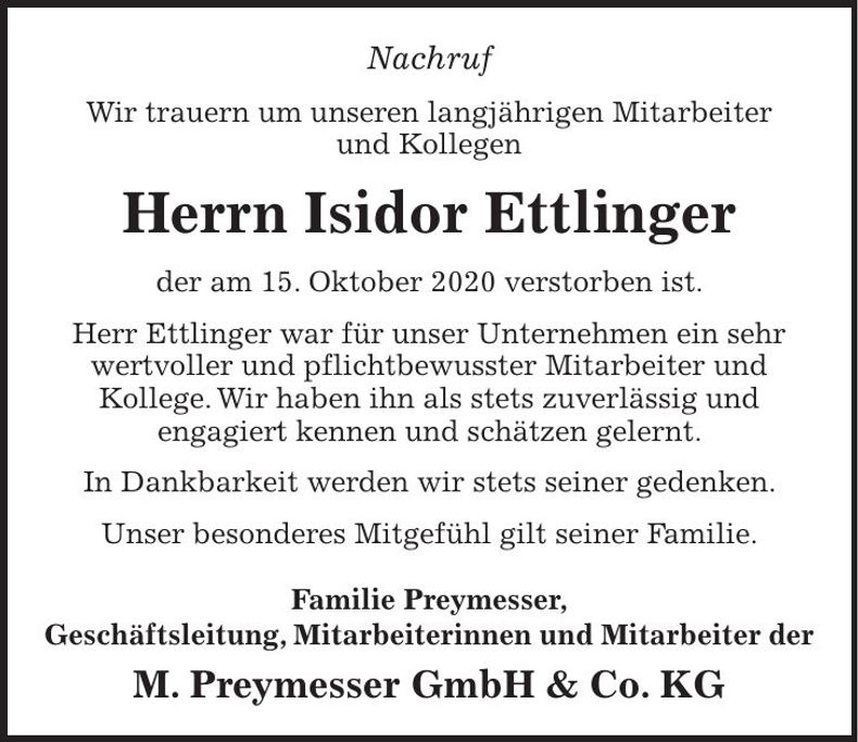 Traueranzeige Isidor Ettlinger