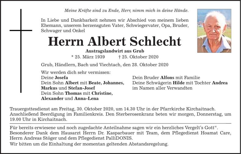 Traueranzeige Schlecht Albert