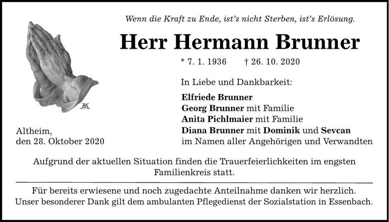Traueranzeige Hermann Brunner