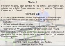 Traueranzeige Reinhold Eibl