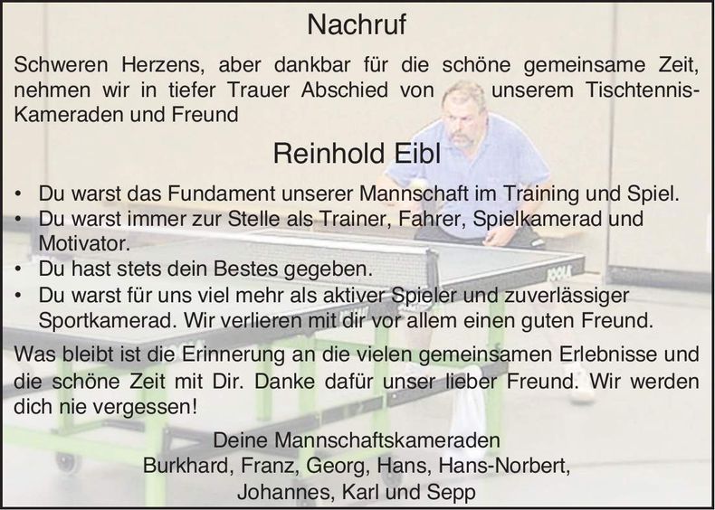Traueranzeige Reinhold Eibl