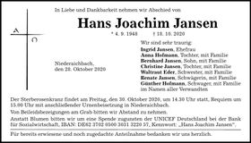 Traueranzeige Hans Joachim Jansen