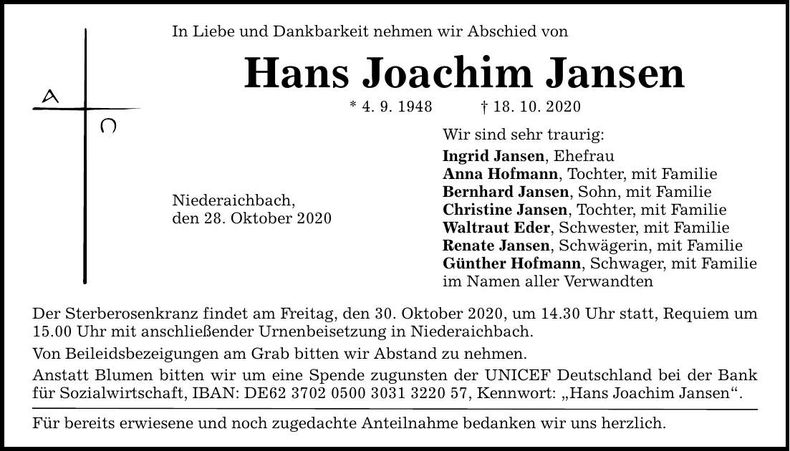 Traueranzeige Hans Joachim Jansen