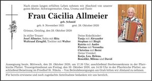 Traueranzeige Cäcilia Allmeier