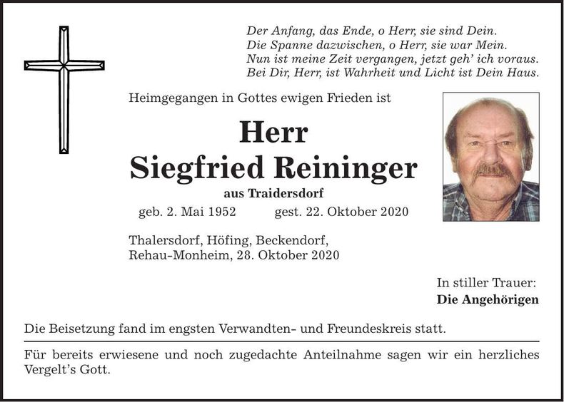 Traueranzeige Siegfried Reininger