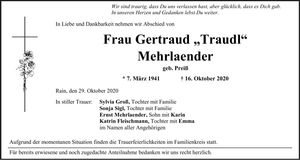 Traueranzeige Gertraud Mehrlaender