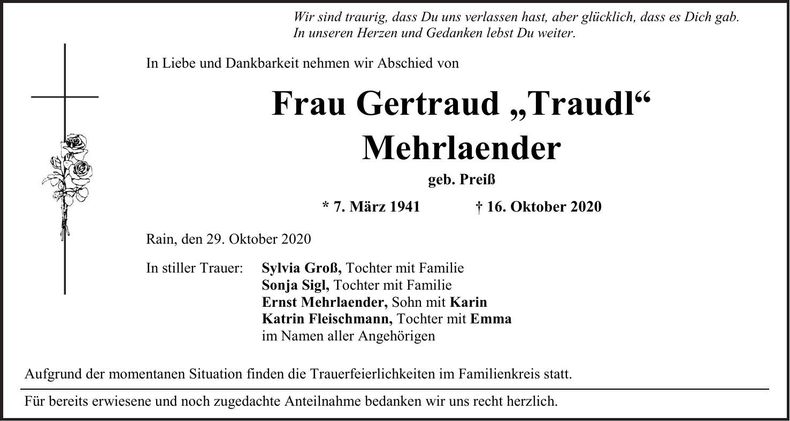 Traueranzeige Gertraud Mehrlaender