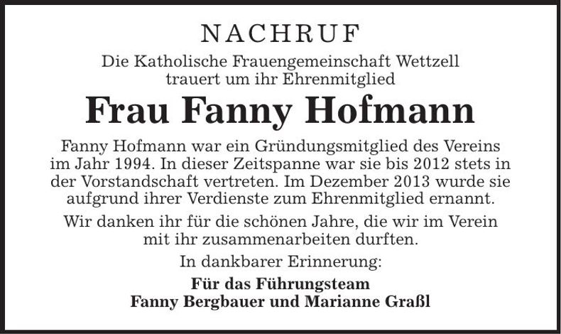 Traueranzeige Fanny Hofmann
