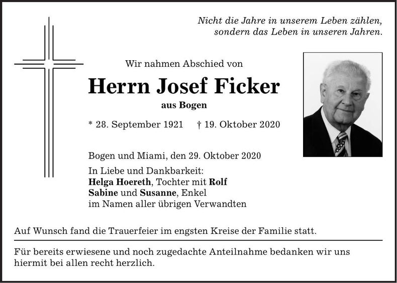 Traueranzeige Josef Ficker